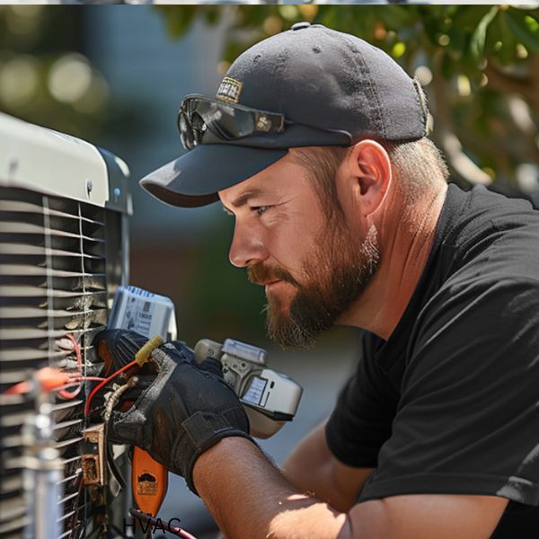 HVAC technician outside working on AC unit